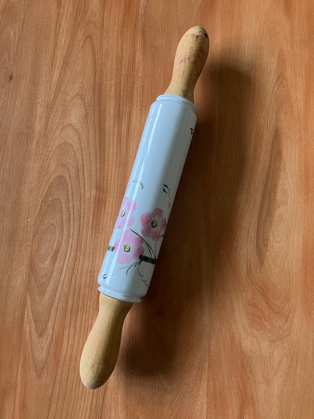 Vintage Floral Ceramic Rolling Pin with Wood Handles